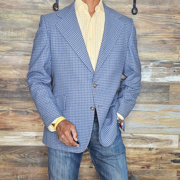 Vintage GGG Clothes Custom Buttons Dual Vent Wide Lapel Blue Blazer Jacket 40R - Picture 1 of 12